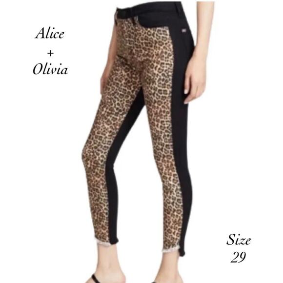 Alice + Olivia Leopard Front Black Rear Raw Hem Cropped Skinny Jeans NWT Size 29